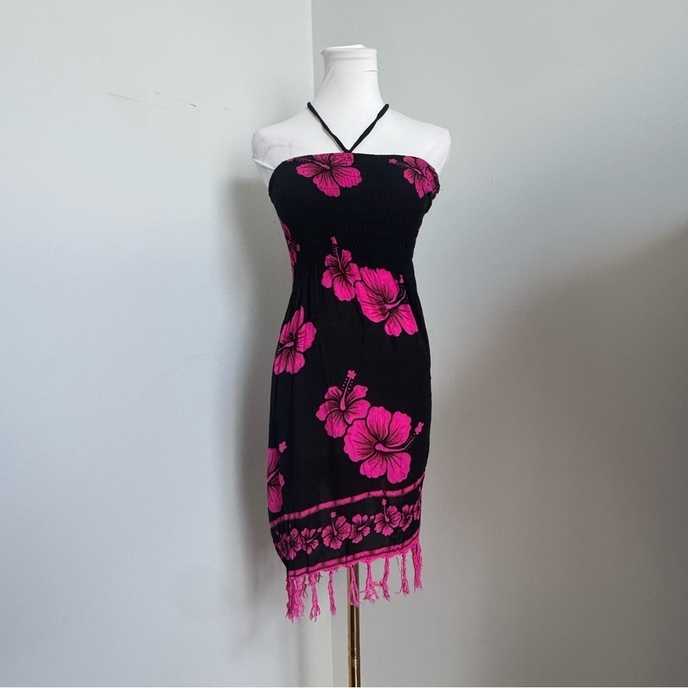 Vintage Hawaiian Black Pink Hibiscus Strapless Dress Beach Up Festival Y2K M - Picture 2 of 6